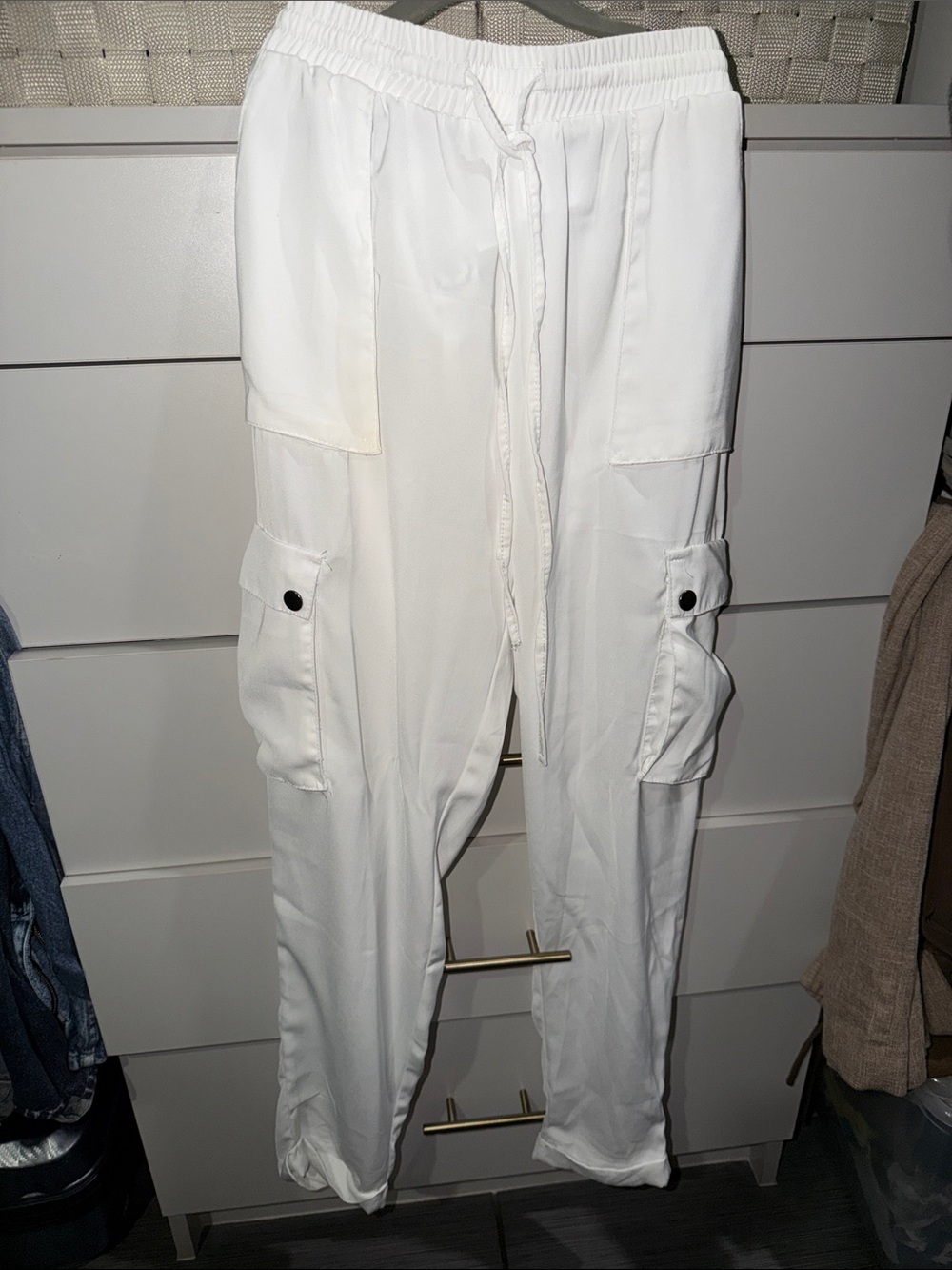 White Women's Cargo Jogger Pants with Drawstring Waist